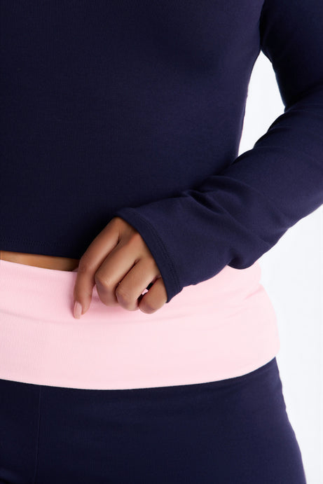 Chill Mode Long Sleeve Foldover Waistband Pant Set - Navy/combo