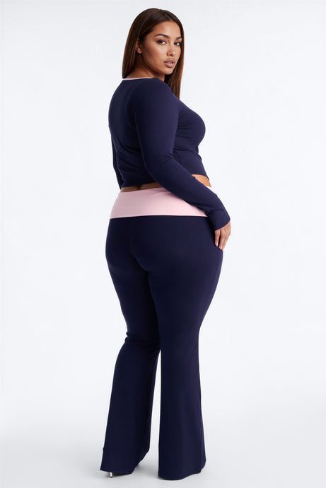 Chill Mode Long Sleeve Foldover Waistband Pant Set - Navy/combo