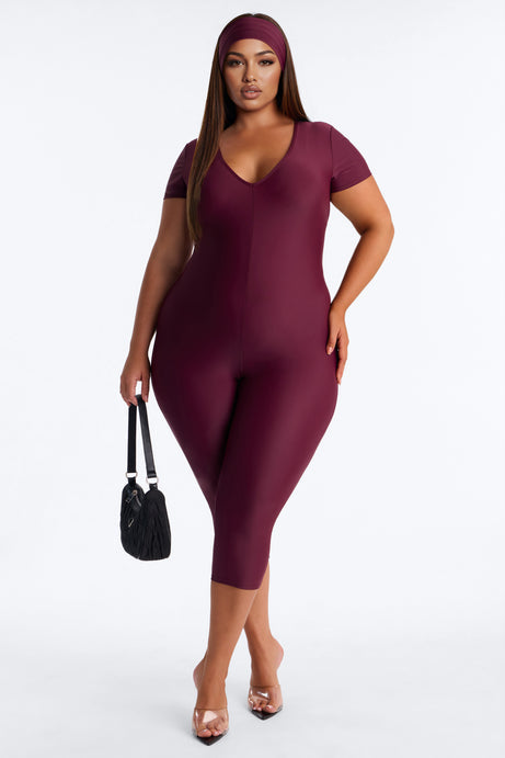 Mia Plunge Neck 2 piece Capri Jumpsuit - Burgundy