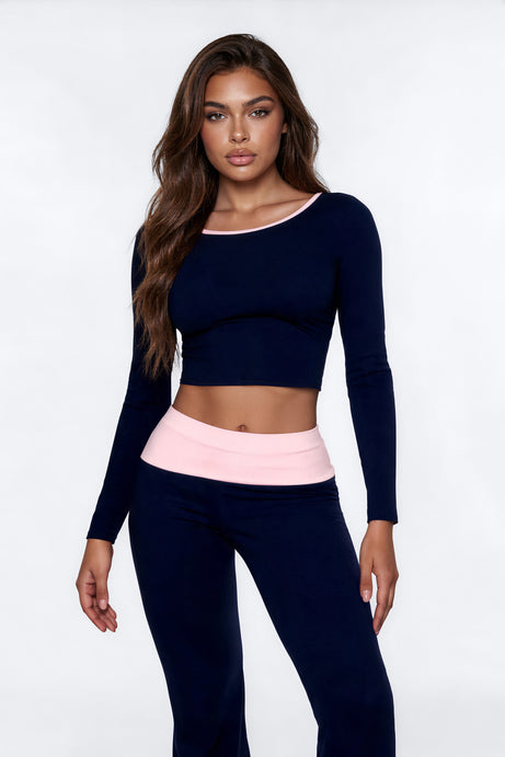 Chill Mode Long Sleeve Foldover Waistband Pant Set - Navy/combo