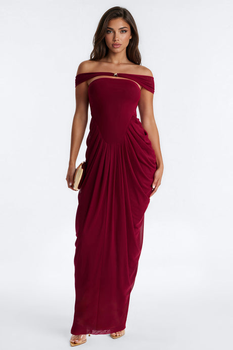 Dark Temptation Ruched Mesh Gown - Burgundy