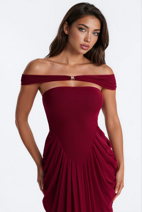 Dark Temptation Ruched Mesh Gown - Burgundy