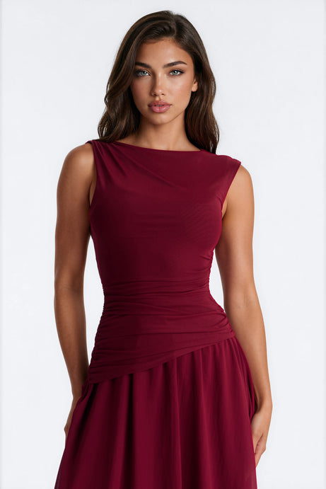 Roxi Mesh Midi Dress - Wine