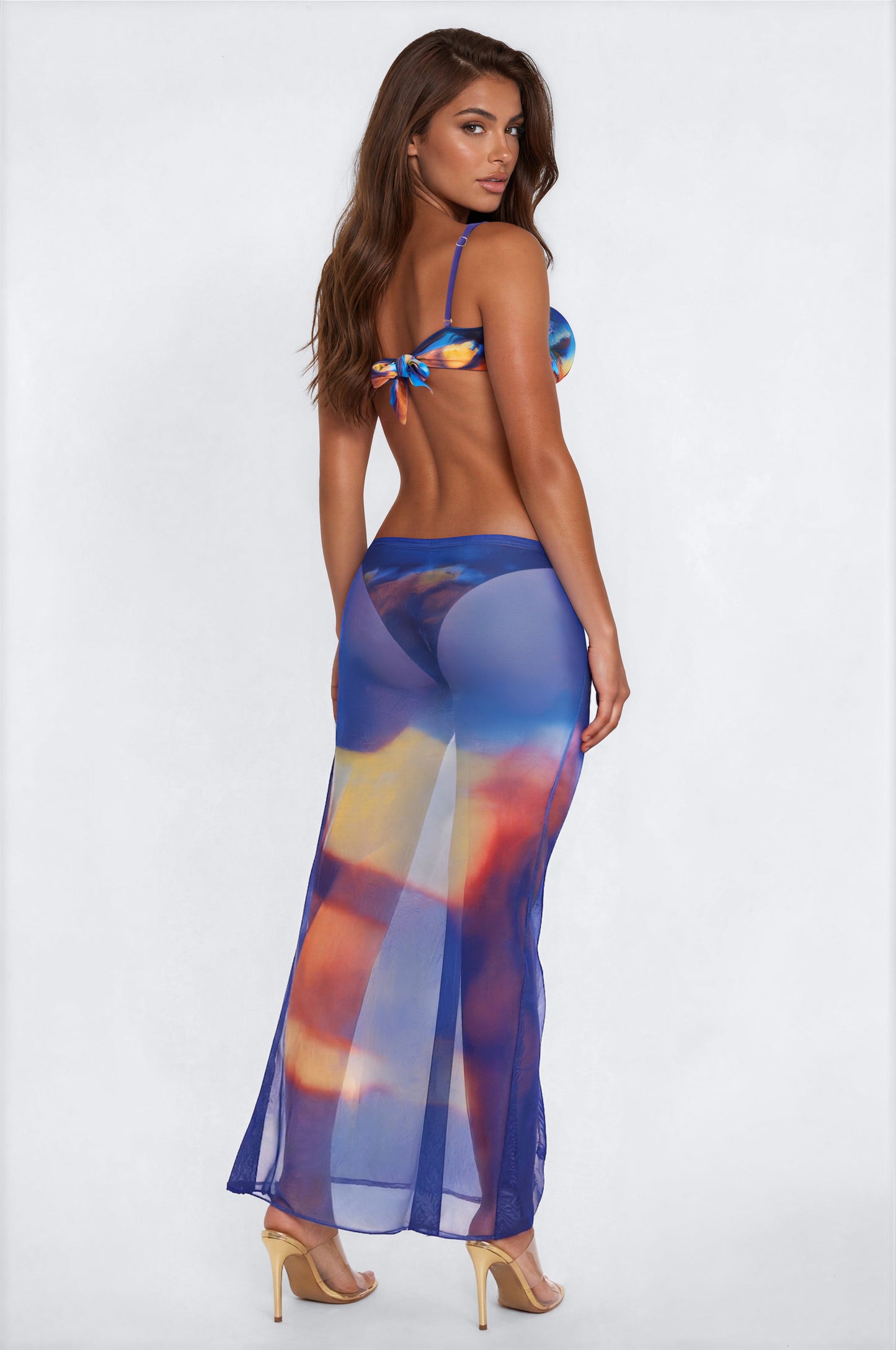 Nico Abstract 3 Piece Underwire Bikini & Mesh Cover Up Maxi Skirt Sunsuit