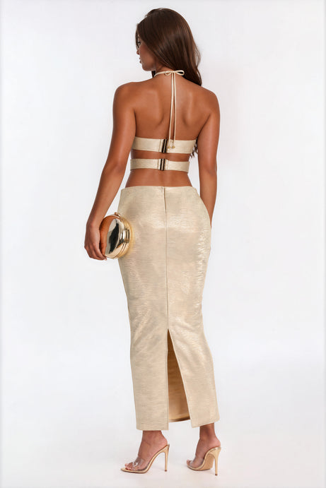 Gilded Muse Metallic Bandage Maxi Dress