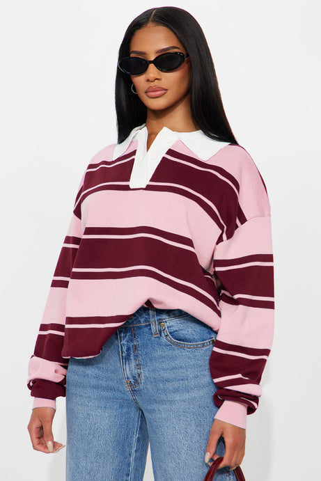 West Coast Striped Rugby Polo Sweater - Burgundy/combo