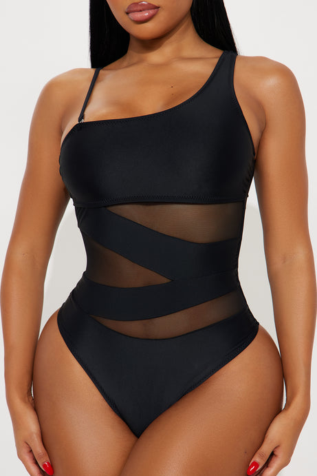 Always Sunny Asymmetrical Mesh Cutout 1 Piece Swimsuit - Black