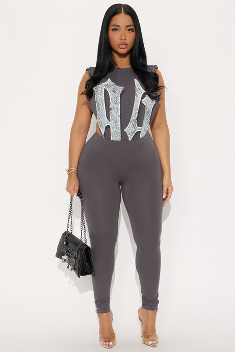 Pretty Player Bodysuit Legging Set - Charcoal