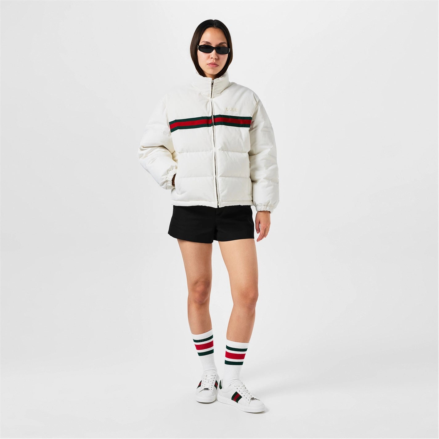 GUCCI Women's Twill Bomber Water Resistant Goose Down Stand Collar Short Puffer Jacket