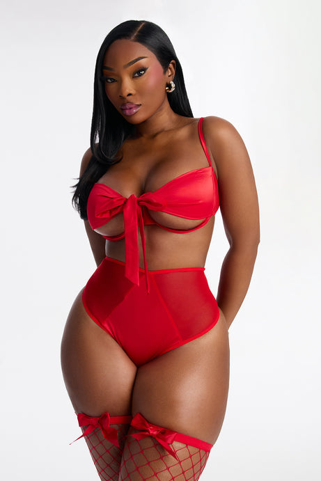 Gift Me Love Satin 3 Piece Bra And Panty Thigh High Set - Red