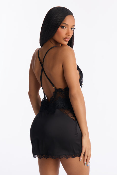Ariana Stretch Satin Embroidered Chemise - Black