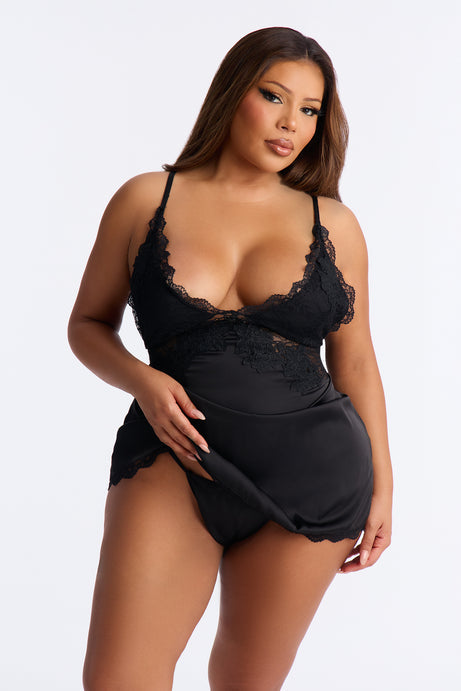 Ariana Stretch Satin Embroidered Chemise - Black