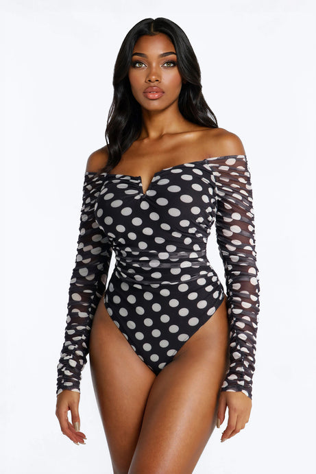 The Finer Things Mesh Polka Dot Long Sleeve Bodysuit - Black/White