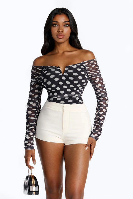 The Finer Things Mesh Polka Dot Long Sleeve Bodysuit - Black/White