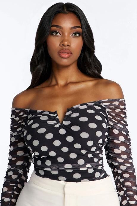 The Finer Things Mesh Polka Dot Long Sleeve Bodysuit - Black/White