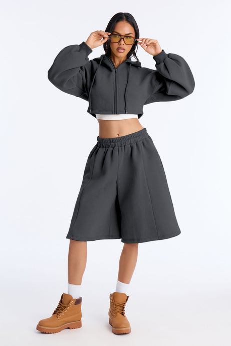 Wake Up Check Fleece Jort Set - Charcoal