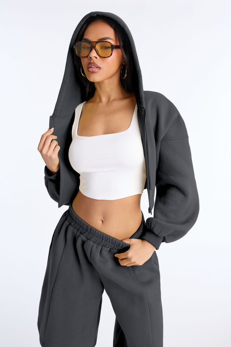 Wake Up Check Fleece Jort Set - Charcoal