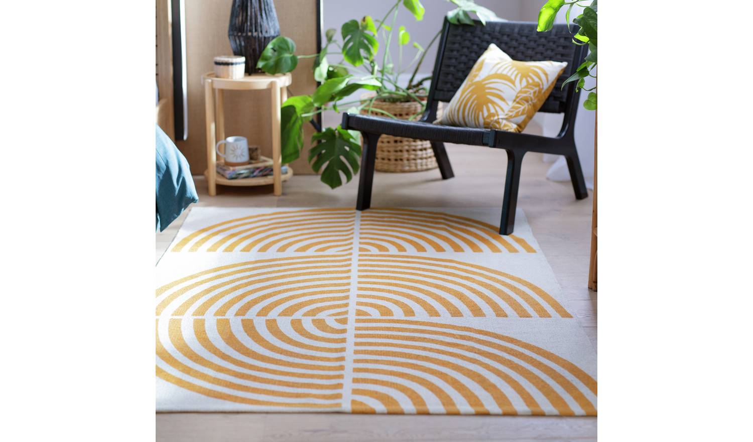 Habitat Global Swirl Yellow Cotton Flatweave Rug -120X170cm