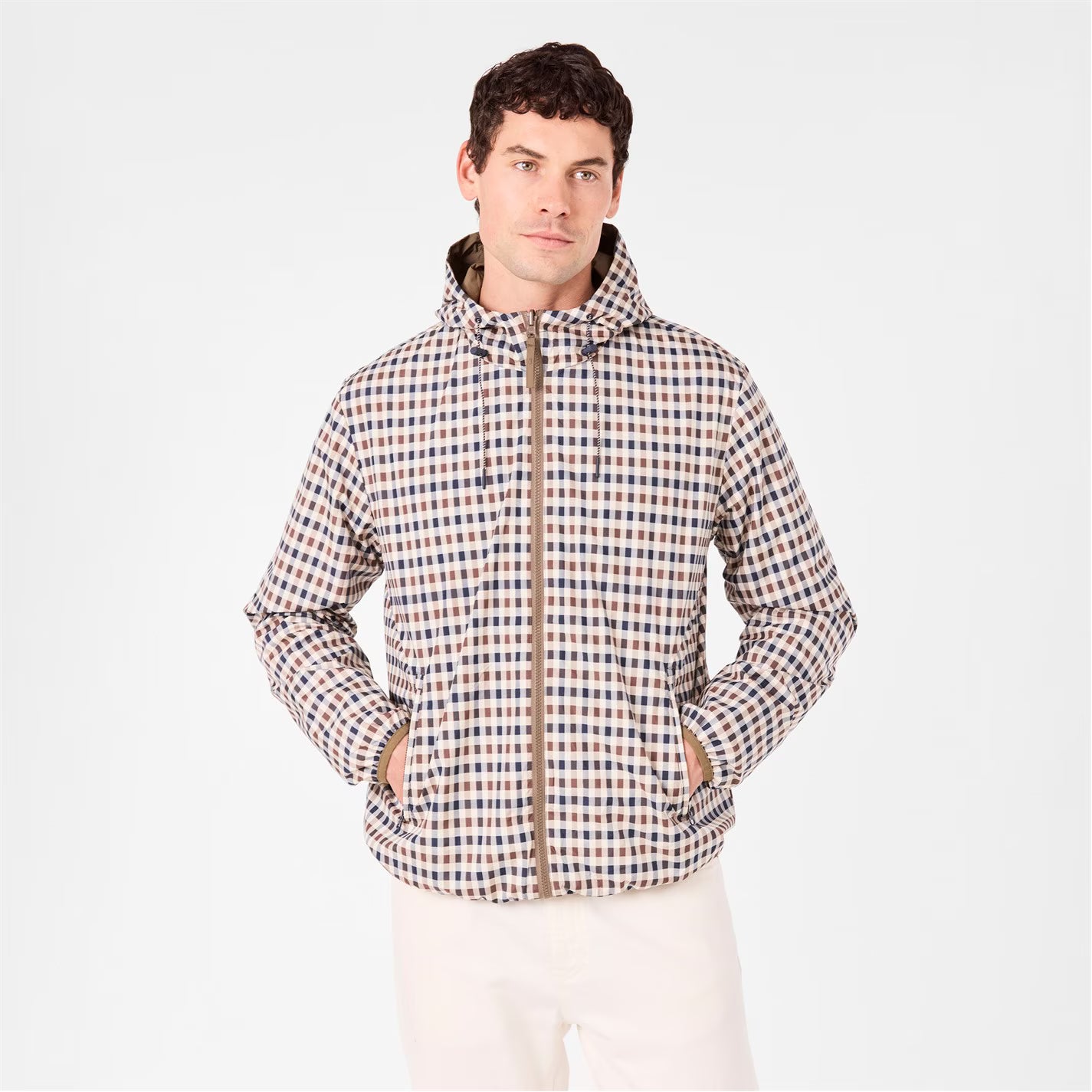 Men's Reversible Check Hooded Long Sleeve Rain Anorak