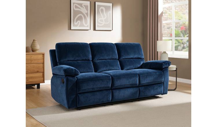 Toby Velvet 3 Seater Recliner Sofa in a Box- Navy