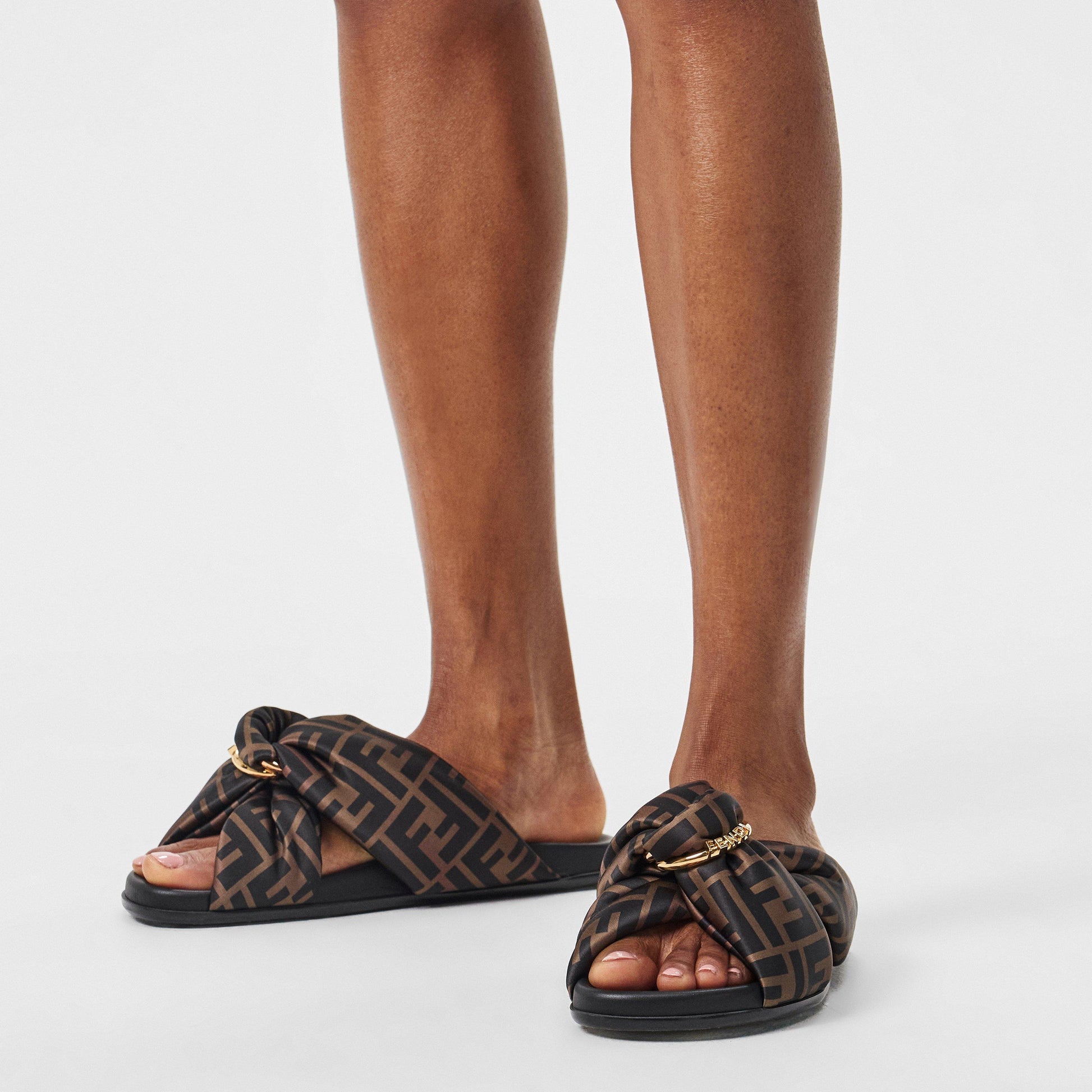 Fendi Brown FF satin slides
