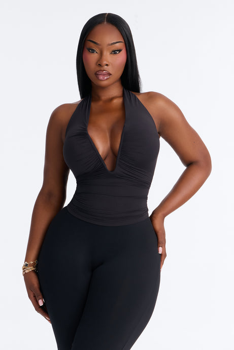 Second Skin Double Lined Ruched V Wire Halter Top - Black