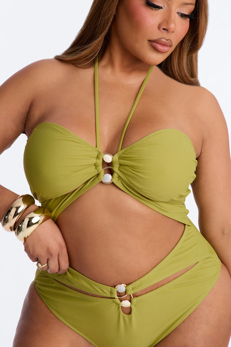 Paradise Found Cut Out Stones High Leg 1 Piece Swimsuit - Green