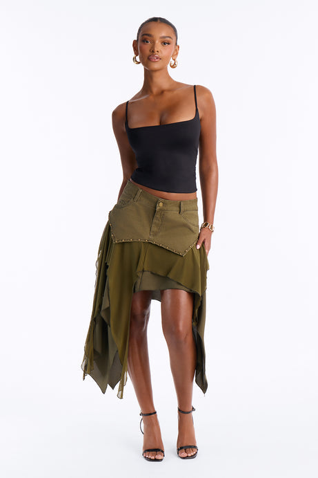 Desert Views Studded Tiered Midi Skirt - Olive