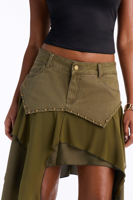 Desert Views Studded Tiered Midi Skirt - Olive