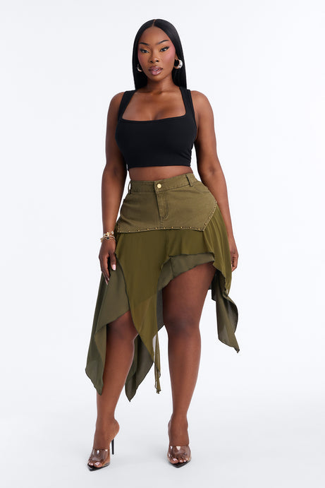 Desert Views Studded Tiered Midi Skirt - Olive