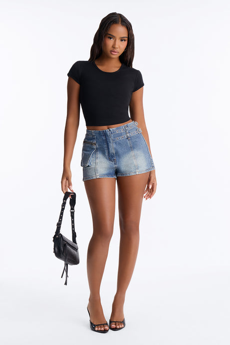 Everything Is Peachy Cargo Belted Denim Shorts
