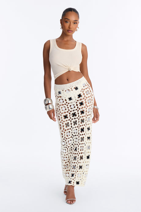 Ibizia Nights Embellished Crochet Ankle Maxi Skirt - Ivory