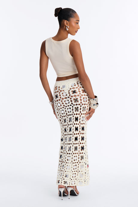 Ibizia Nights Embellished Crochet Ankle Maxi Skirt - Ivory