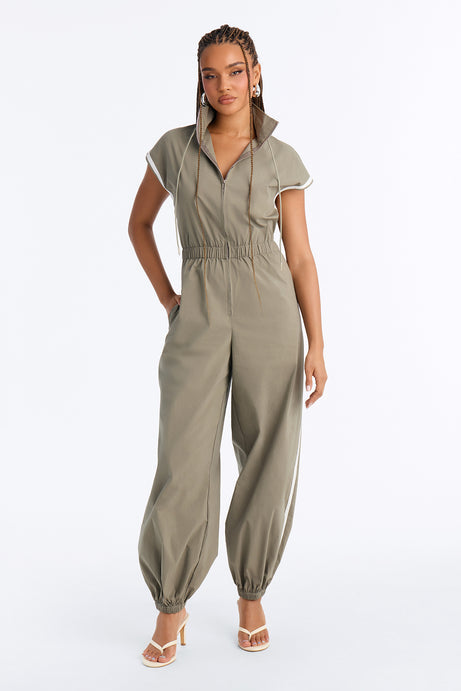 Out The Door Windbreaker Jogger Pant Jumpsuit - Olive