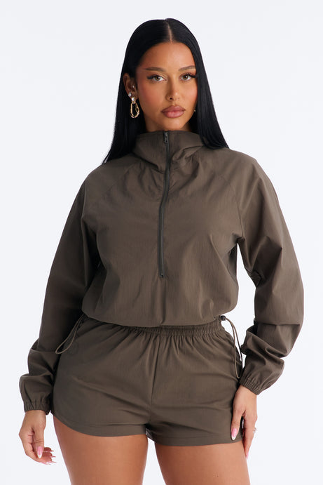 Cool Down Windbreaker Long Sleeve Romper - Hunter