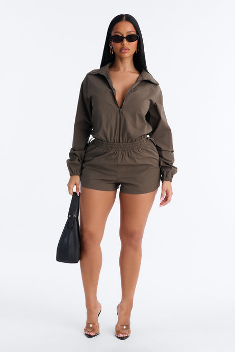 Cool Down Windbreaker Long Sleeve Romper - Hunter