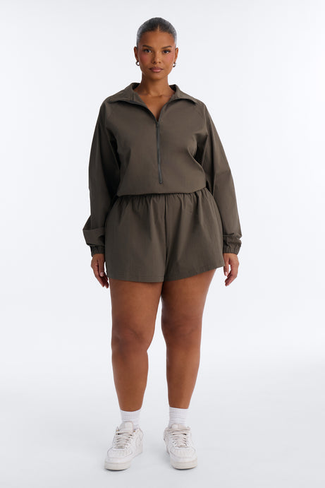 Cool Down Windbreaker Long Sleeve Romper - Hunter