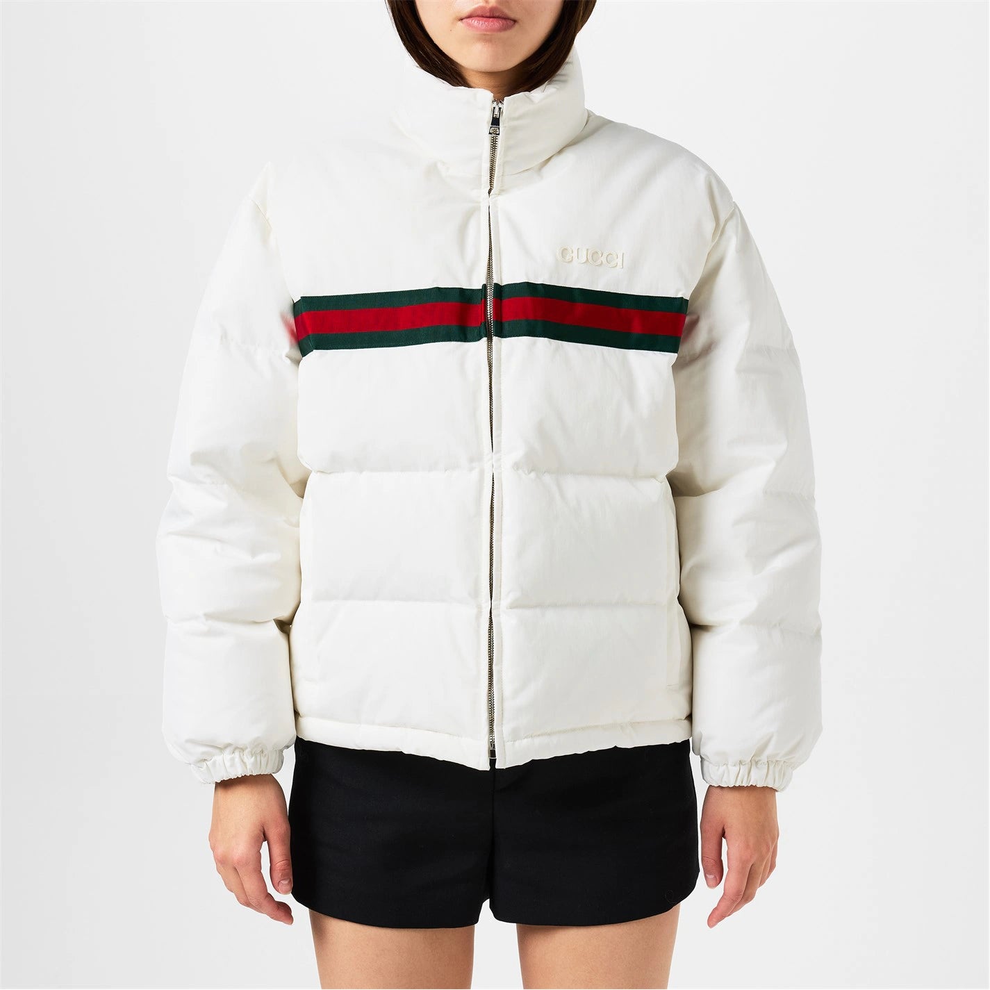 GUCCI Women's Twill Bomber Water Resistant Goose Down Stand Collar Short Puffer Jacket