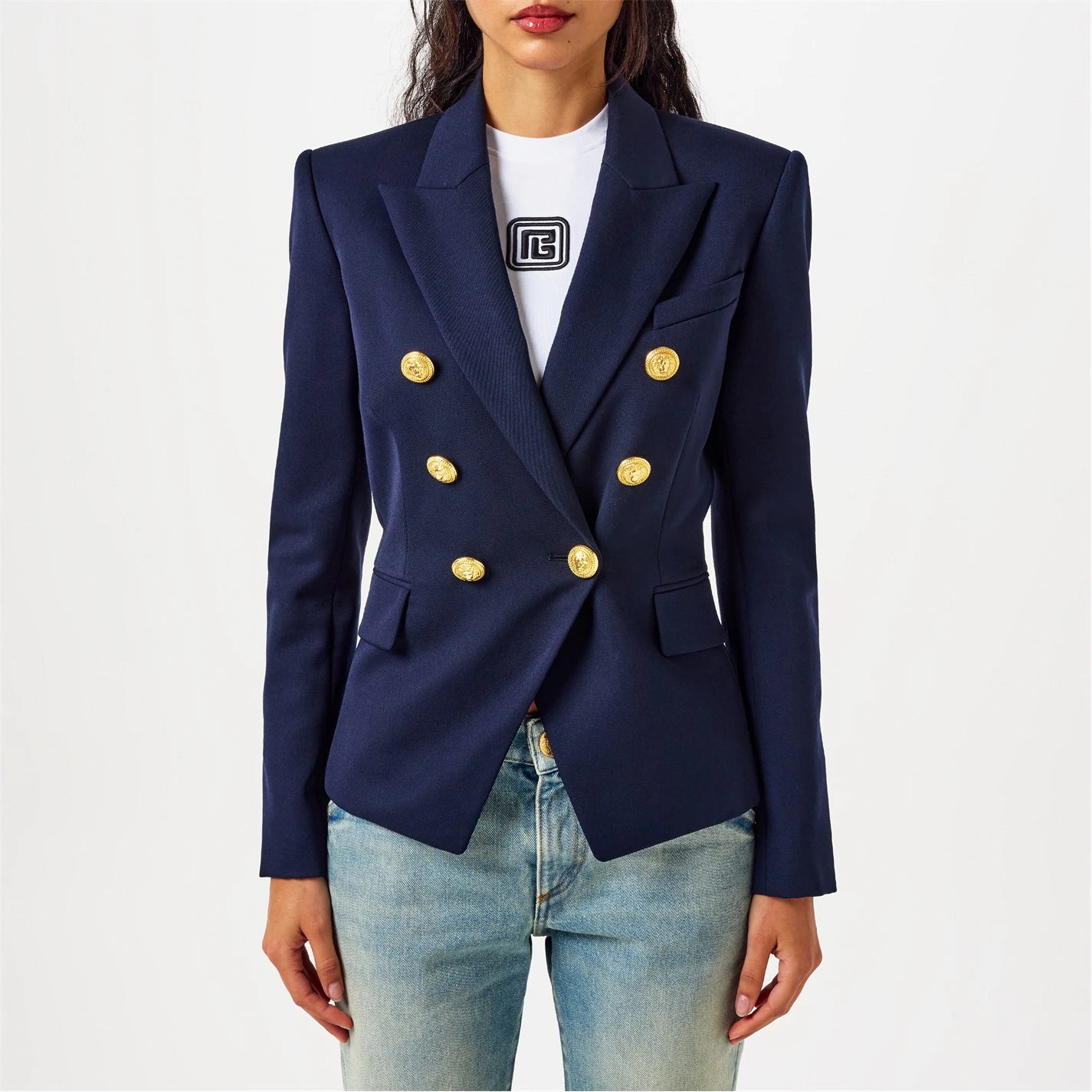 Women's Double Breasted Wool Long Sleeve Gold-Tone Button Blazer