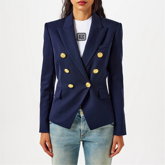 Women's Double Breasted Wool Long Sleeve Gold-Tone Button Blazer