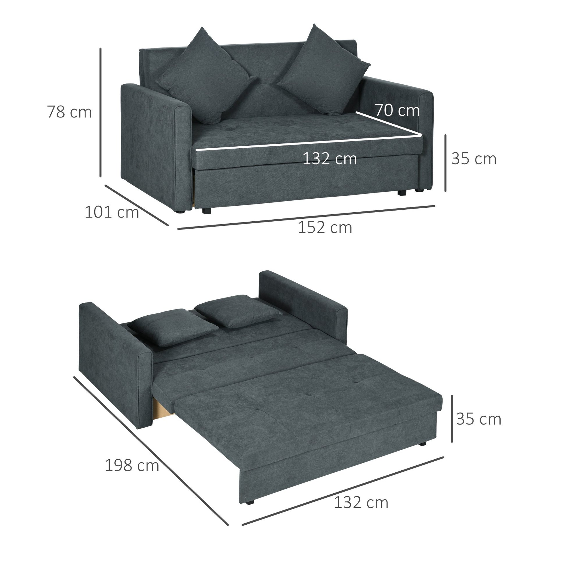 HOMCOM 2 Seater Modern Sofa Bed with Hidden Storage - Dark Grey