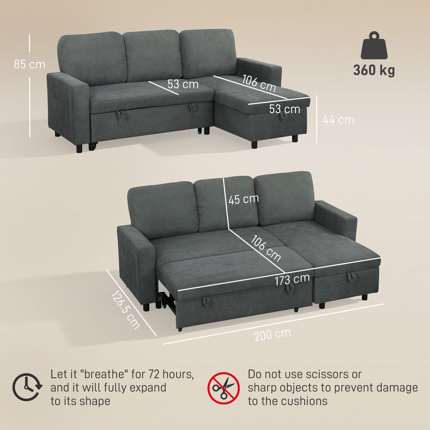 HOMCOM 3 Seater Corner Sofa Bed with Reversible Chaise - Charcoal Grey