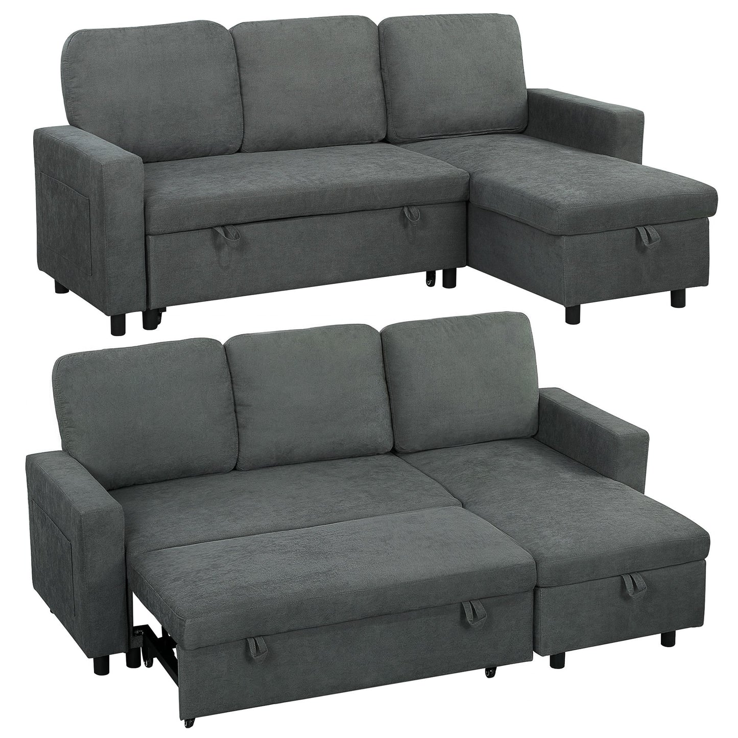 HOMCOM 3 Seater Corner Sofa Bed with Reversible Chaise - Charcoal Grey