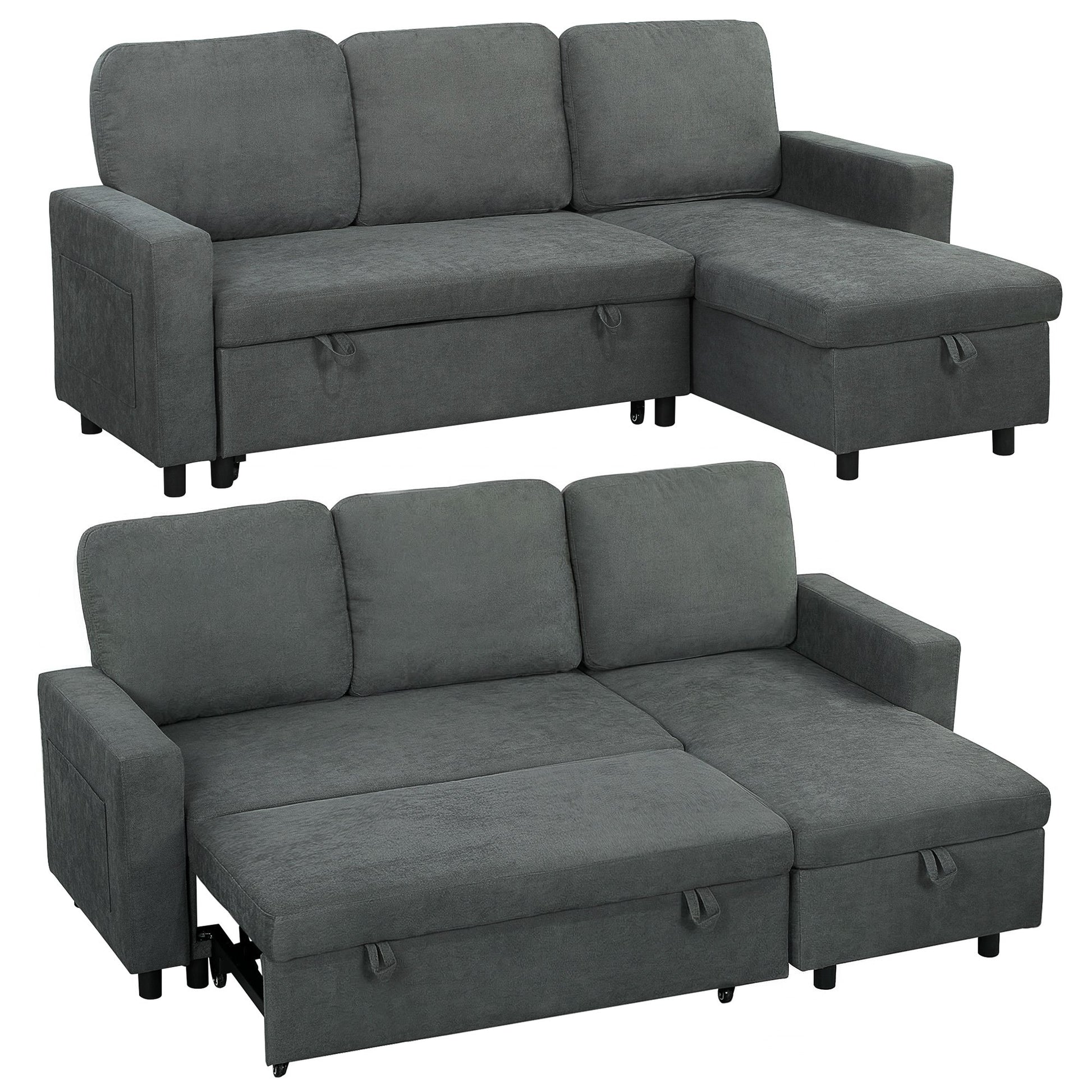 HOMCOM 3 Seater Corner Sofa Bed with Reversible Chaise - Charcoal Grey
