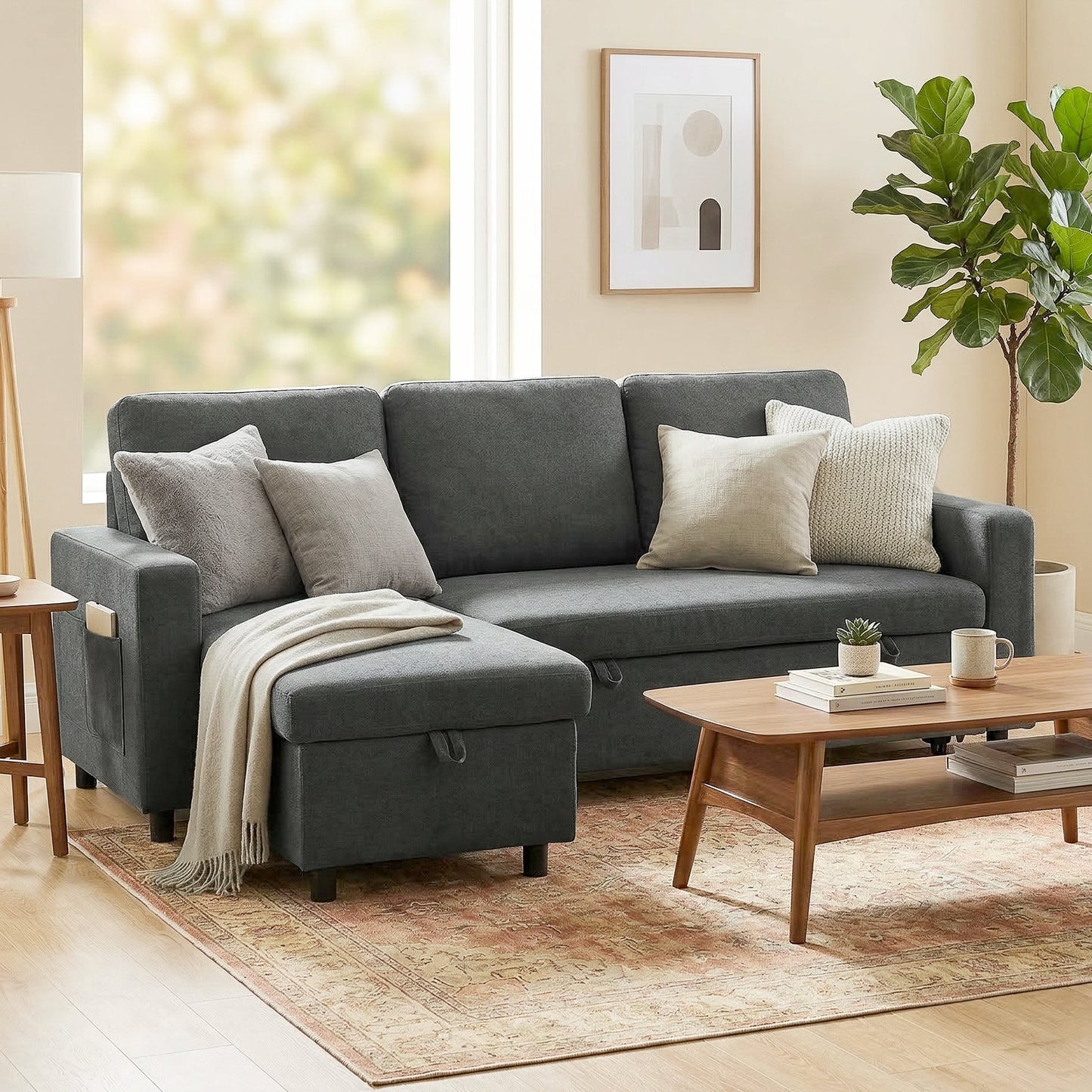 HOMCOM 3 Seater Corner Sofa Bed with Reversible Chaise - Charcoal Grey