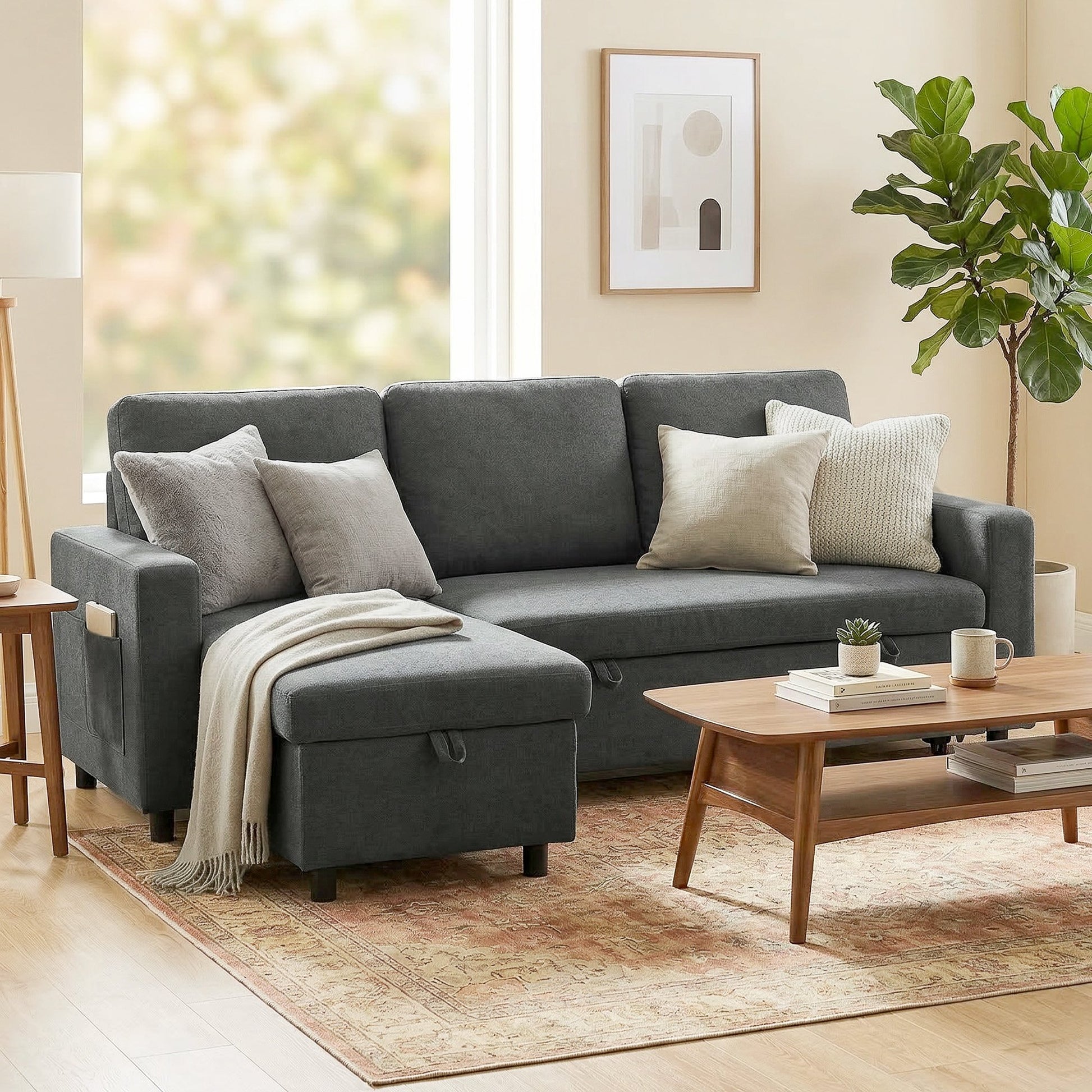 HOMCOM 3 Seater Corner Sofa Bed with Reversible Chaise - Charcoal Grey