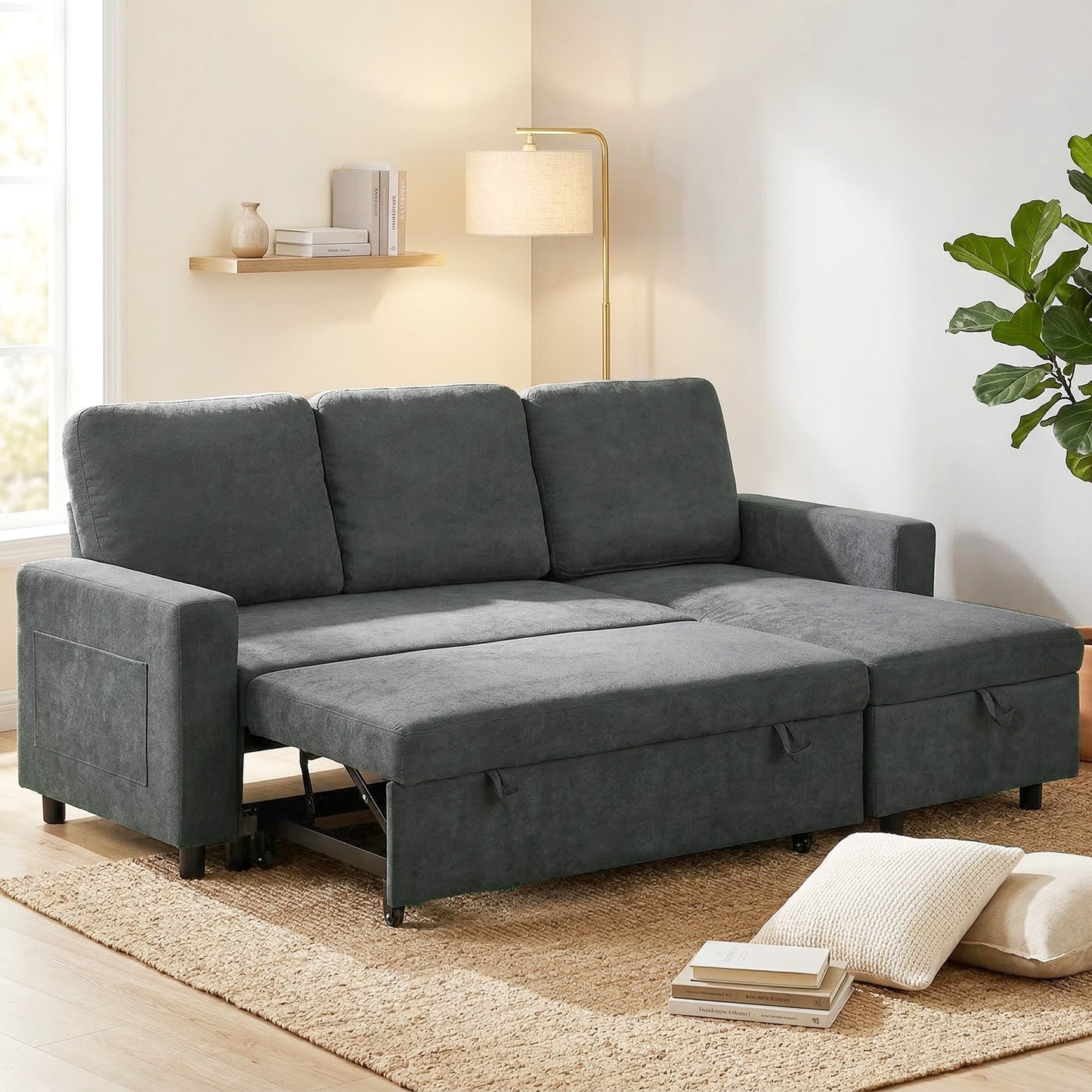 HOMCOM 3 Seater Corner Sofa Bed with Reversible Chaise - Charcoal Grey
