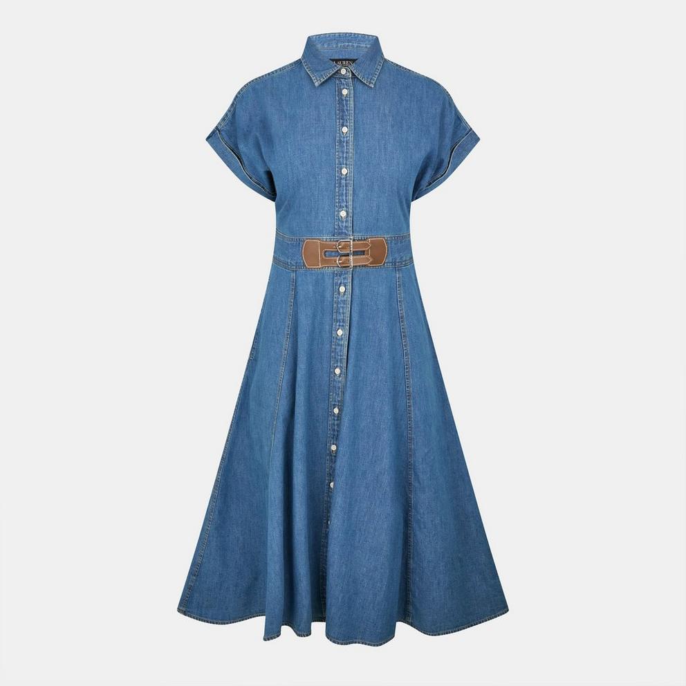 Buckle-Trim Denim Shirt Dress