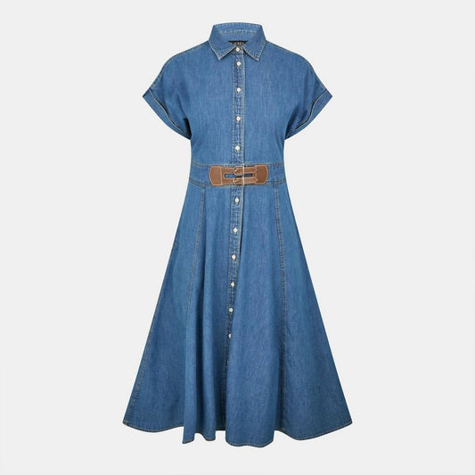 Buckle-Trim Denim Shirt Dress