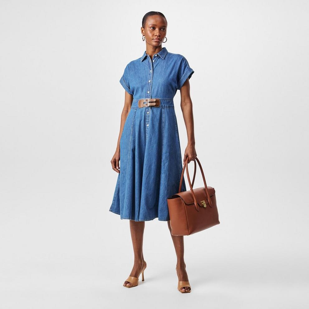 Buckle-Trim Denim Shirt Dress